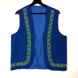 Vintage Blue Vest with Flower and Ribbon Trim One Size Handmade Boho Hippie